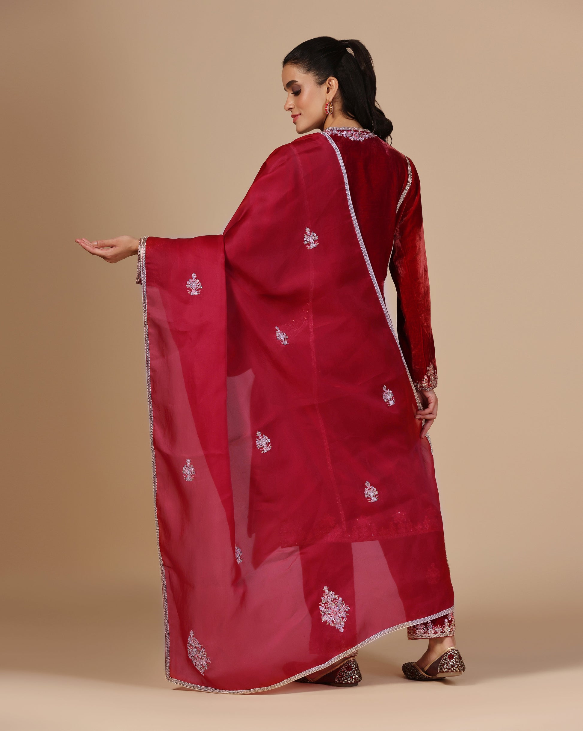Maroon Red Velvet Embroidered Kurta Set