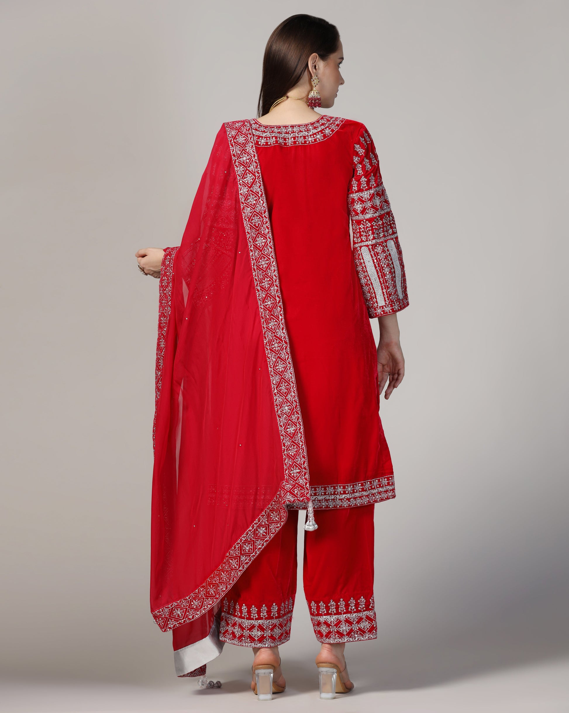 Velvet Hot Pink Silver Embroidered Kurta Set
