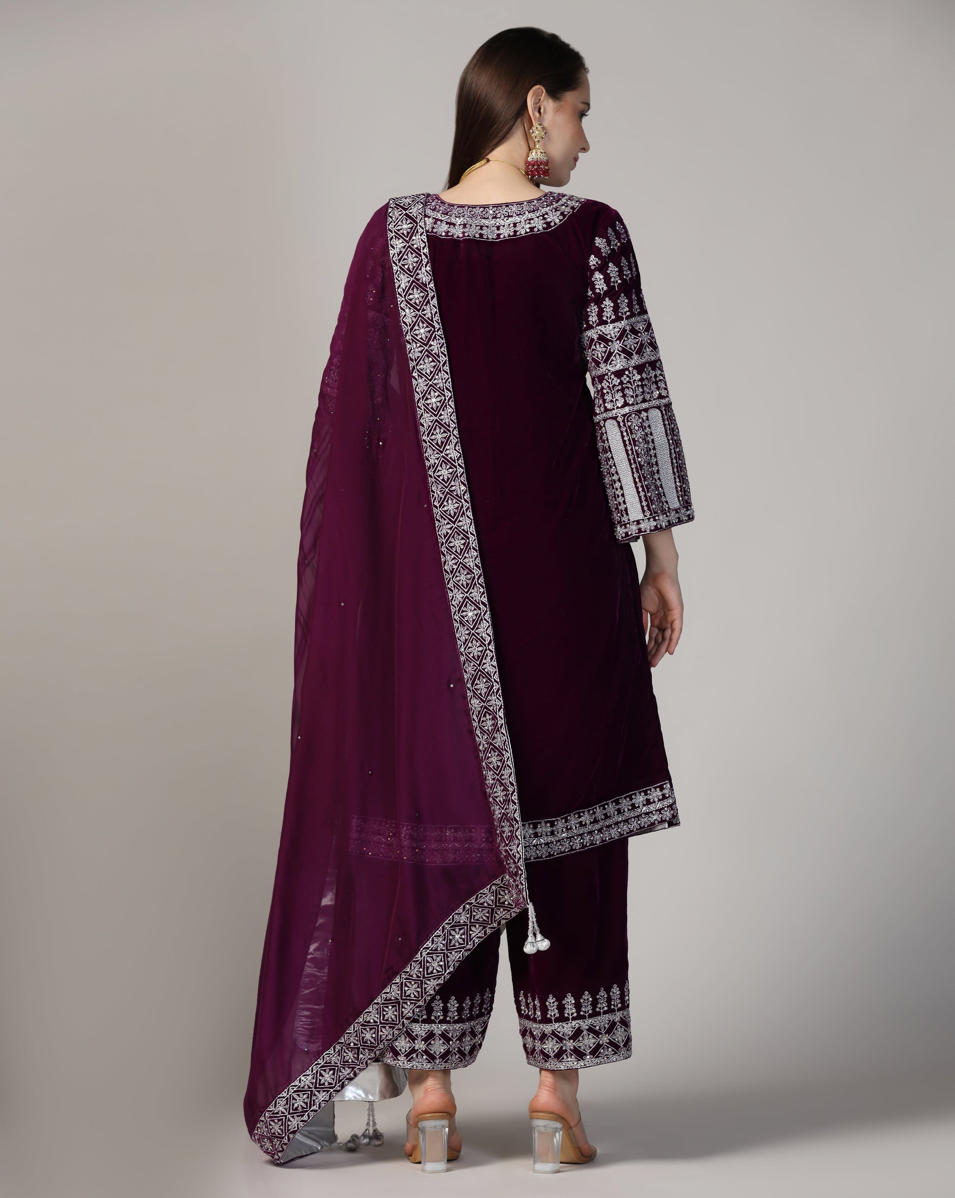 Velvet Royal Wine Silver Embroidered Kurta Set