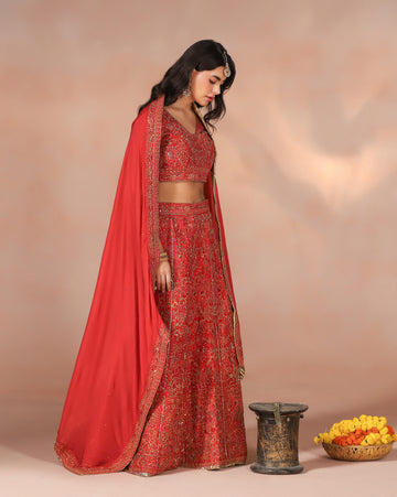 Classic Dupion Silk Red Lehenga With Thread Embroidery, Sequins & Cutdana Accents