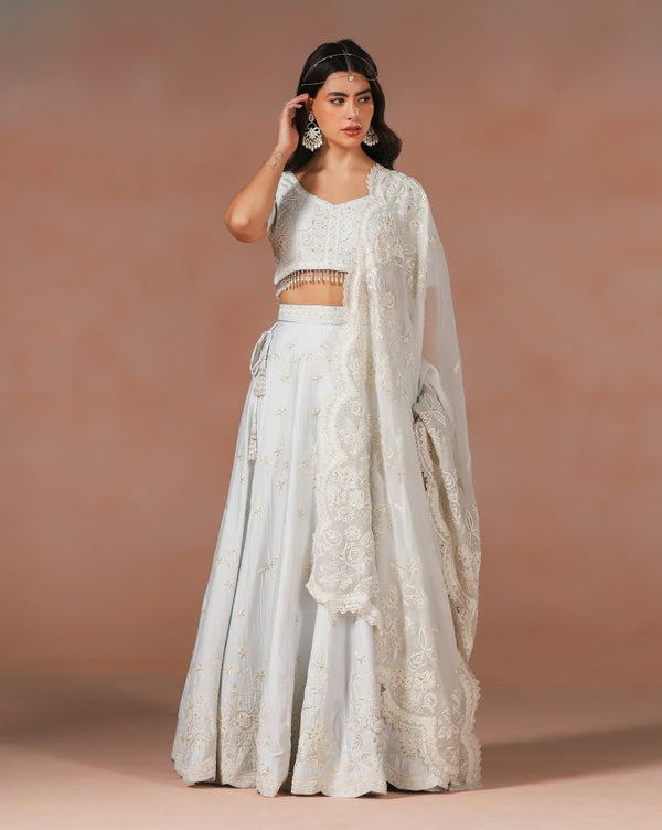 Elegant Powder Blue Aari Work Lehenga With Hand Sewn Pearl Detailing