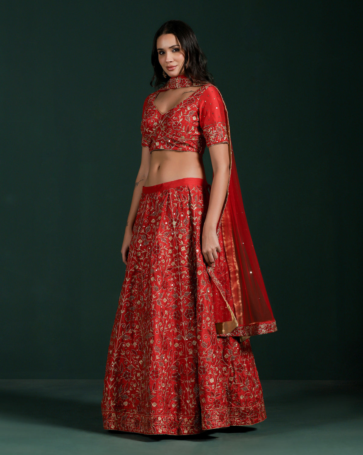 Dupion Silk Red Aari Embroidery Lehenga