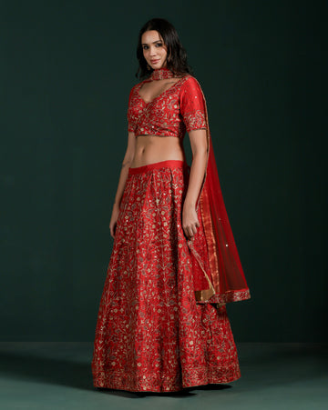 Dupion Silk Red Aari Embroidery Lehenga