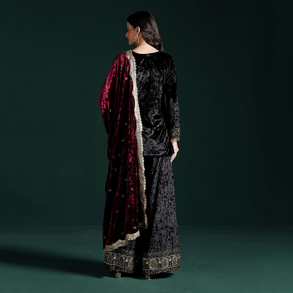 Velvet Black Maroon Kurta Sharara Set