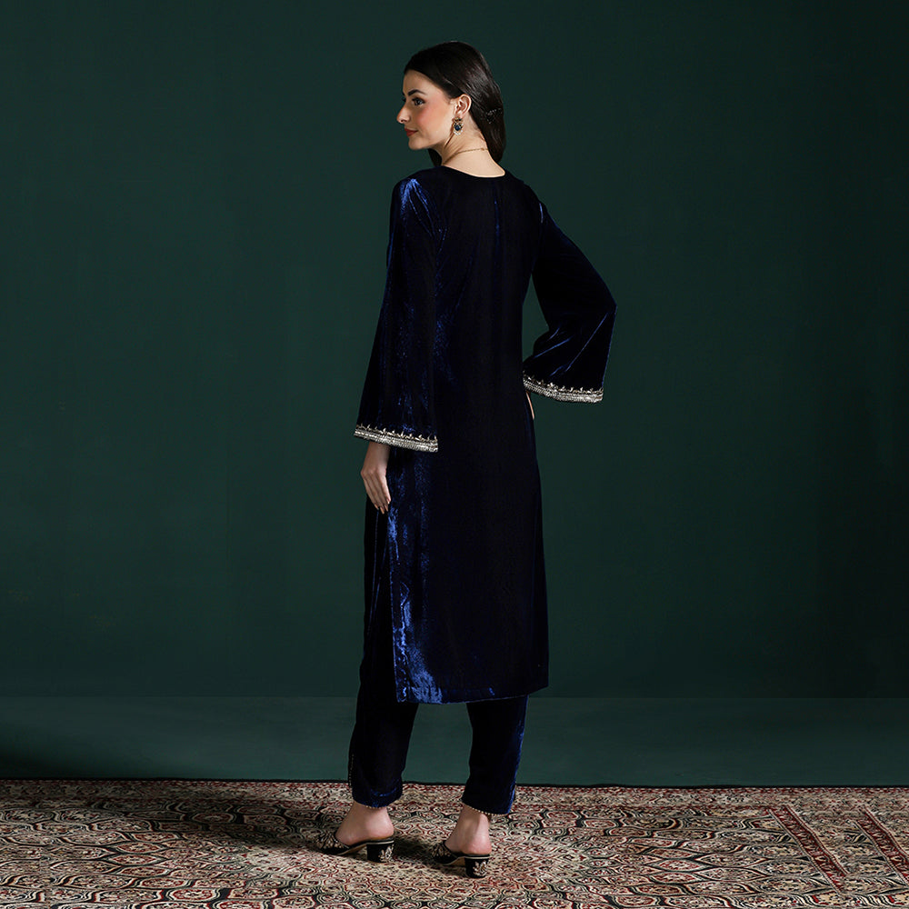 Velvet Blue Embroidered Kurta Set