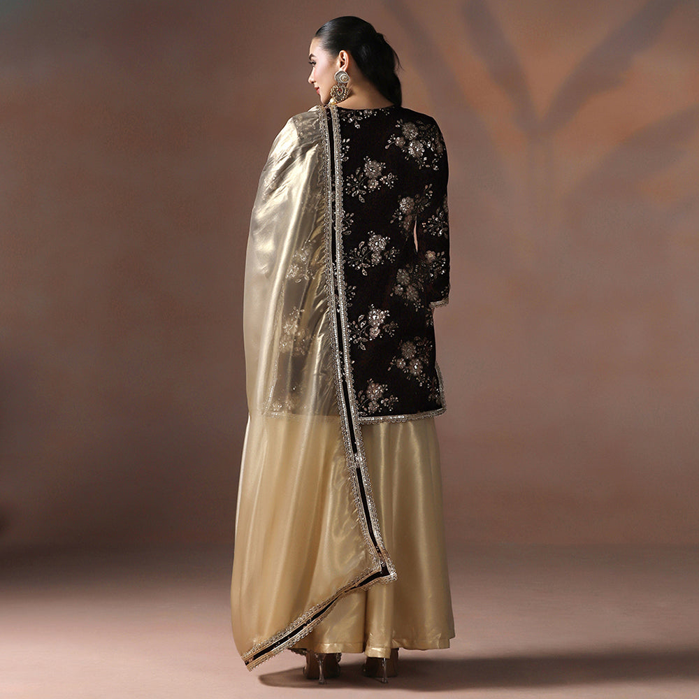 Velvet Maroon Gold Kurta Sharara Set
