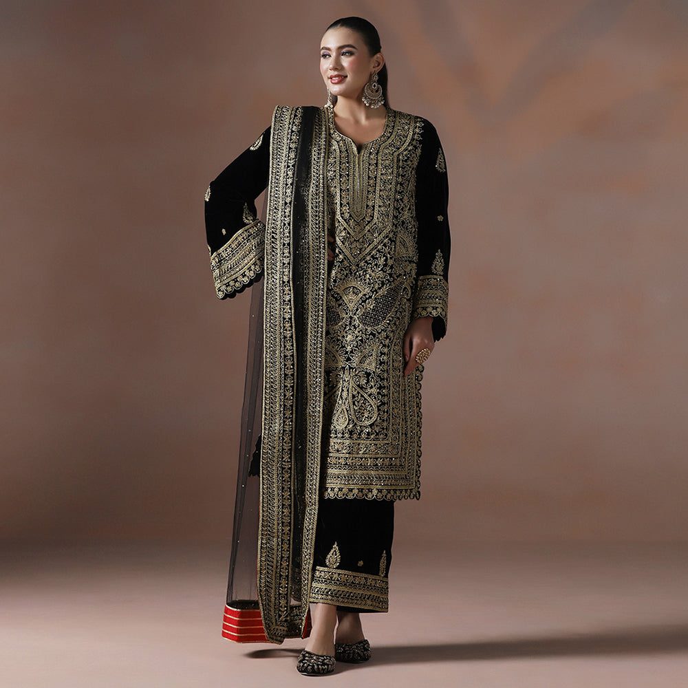 Black Velvet Dori Embroidered Kurta Set