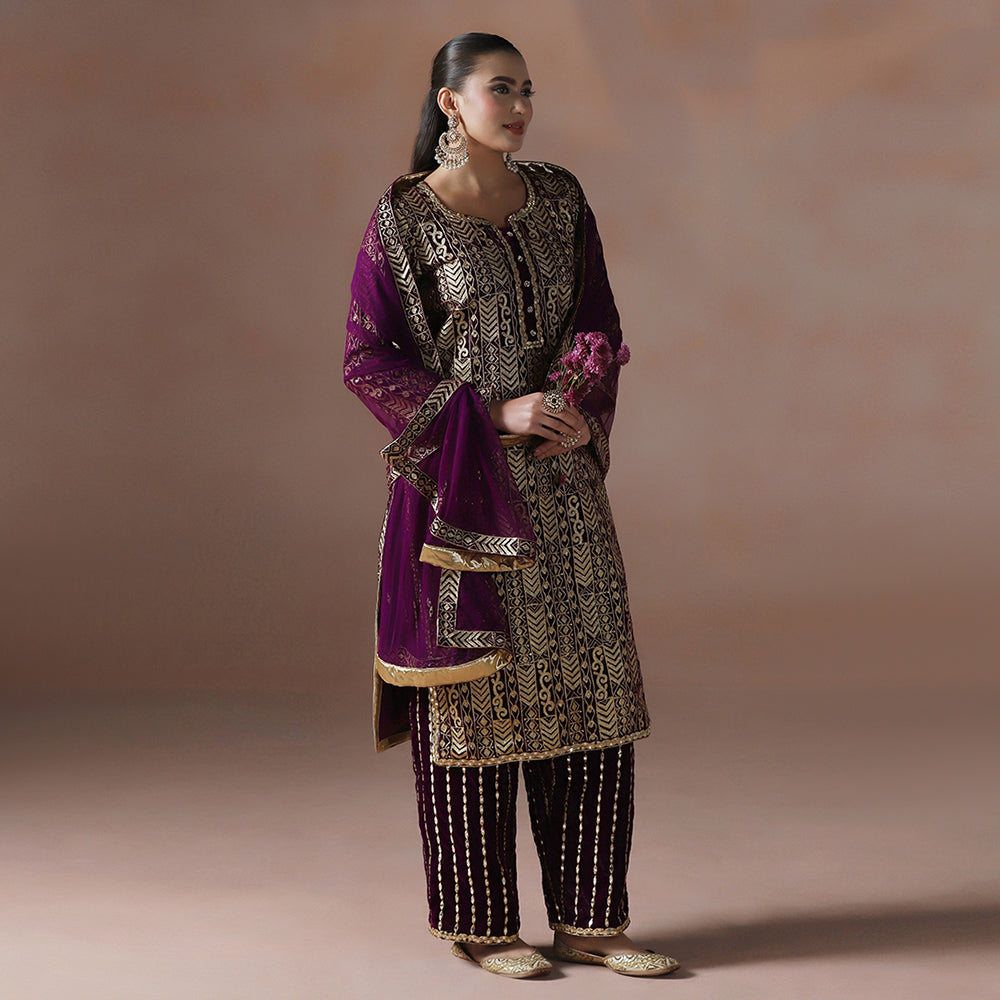 Wine Velvet Aari Mirror Embroidered Kurta Set