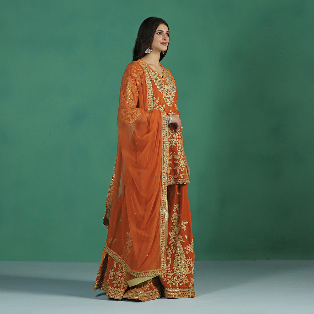 Velvet Orange Kurta Sharara Set