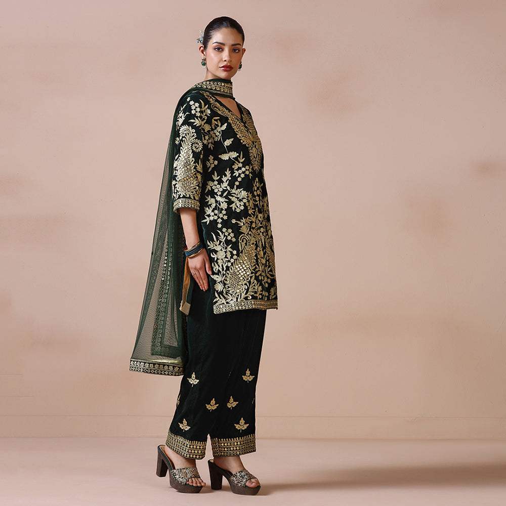Velvet Deep Green Kurta Set