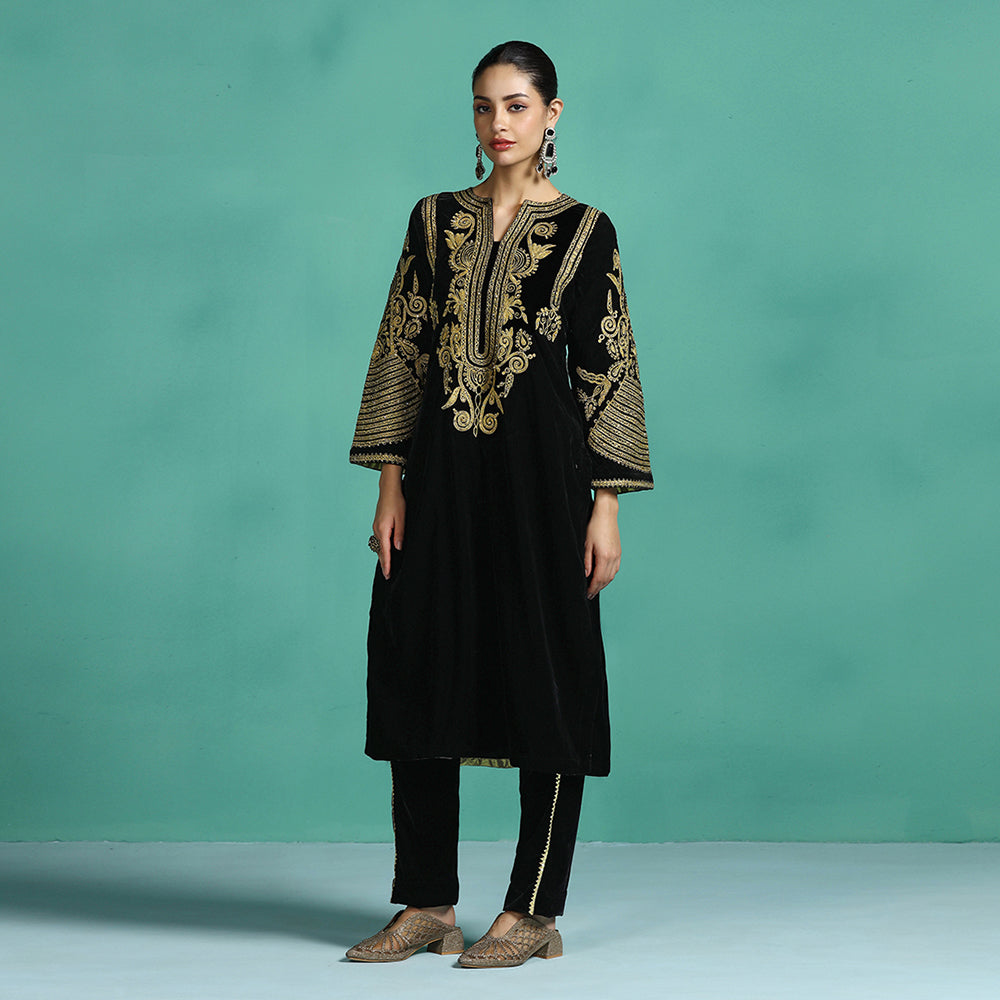 Black Velvet Embroidered Kurta Set