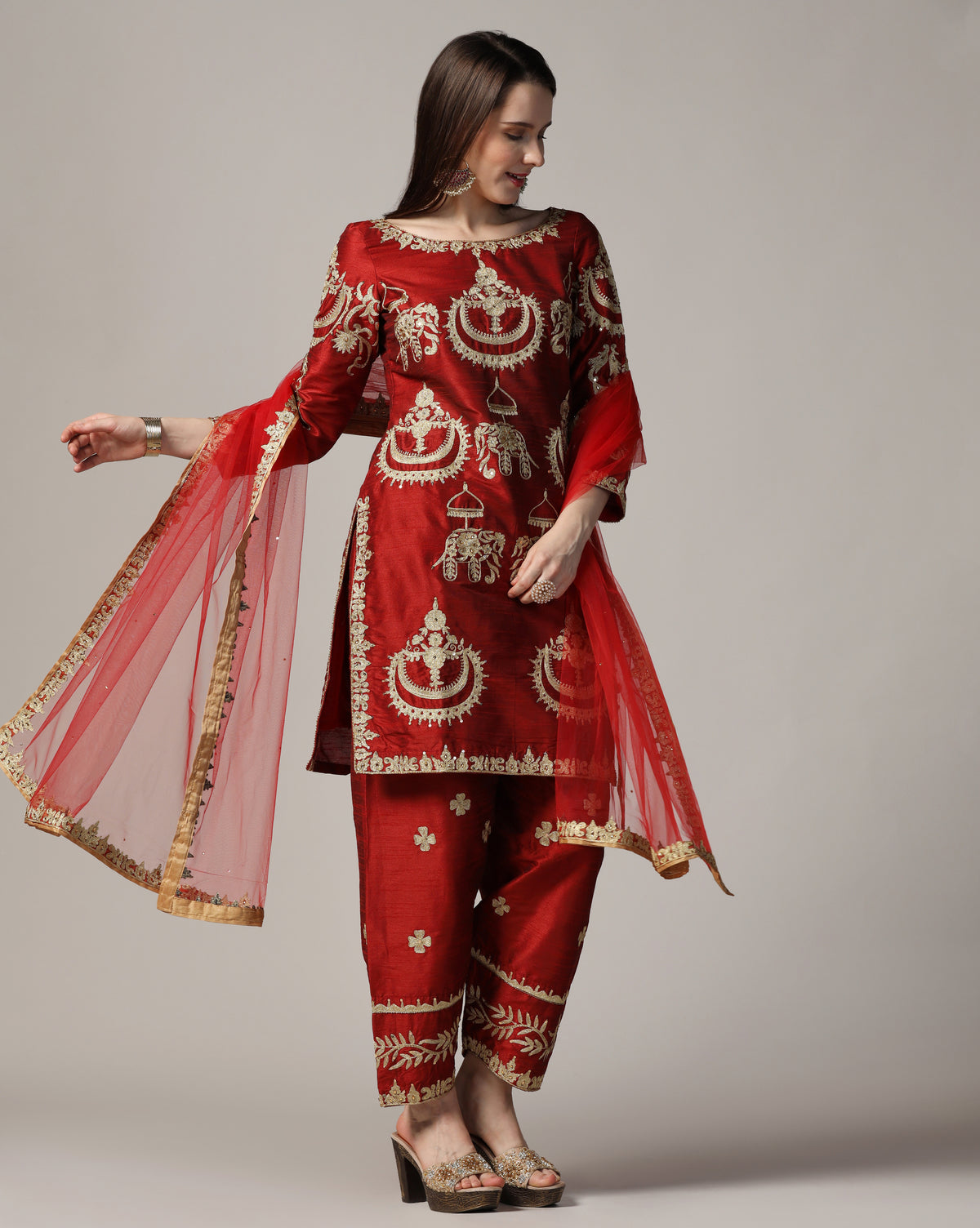 Maroon Aari Embroidered Kurta Set With Dupatta
