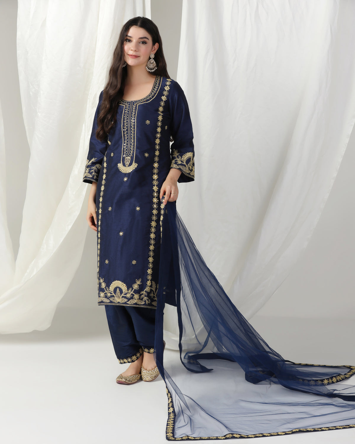 Dark Blue Dori Embroidery Kurta Set with Dupatta