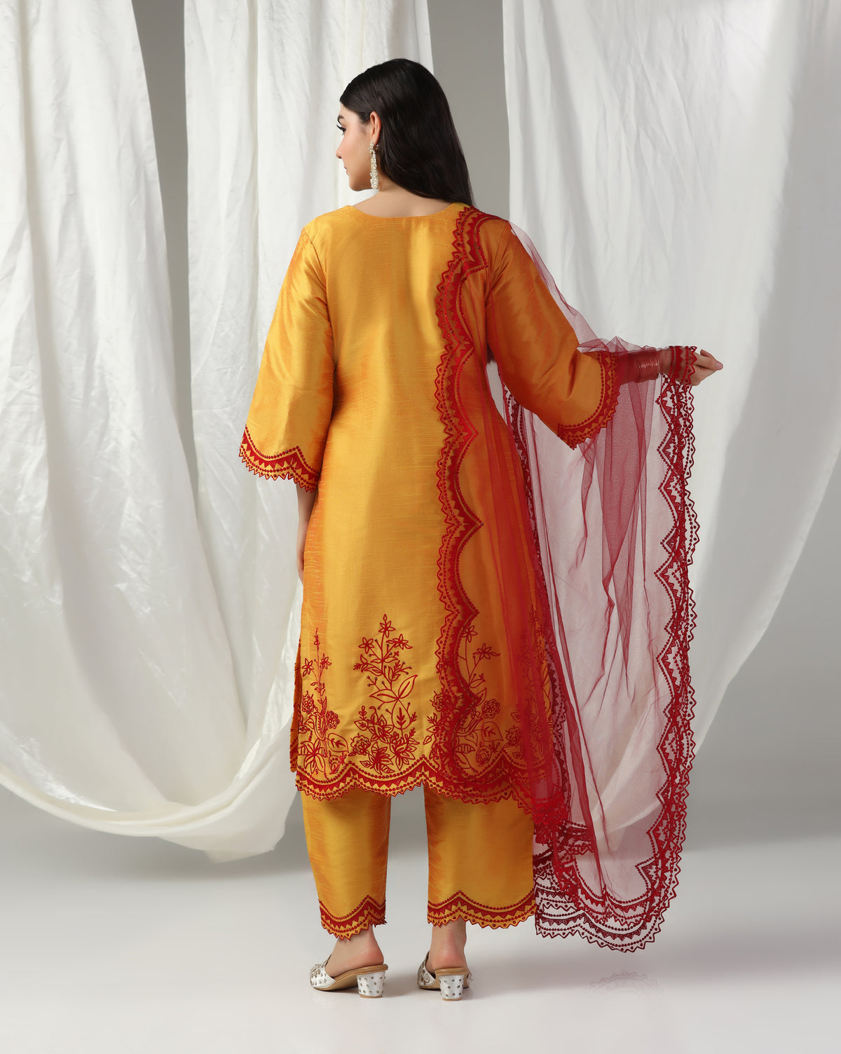 Bright Yellow Aari Embroidery Kurta Set With Dupatta