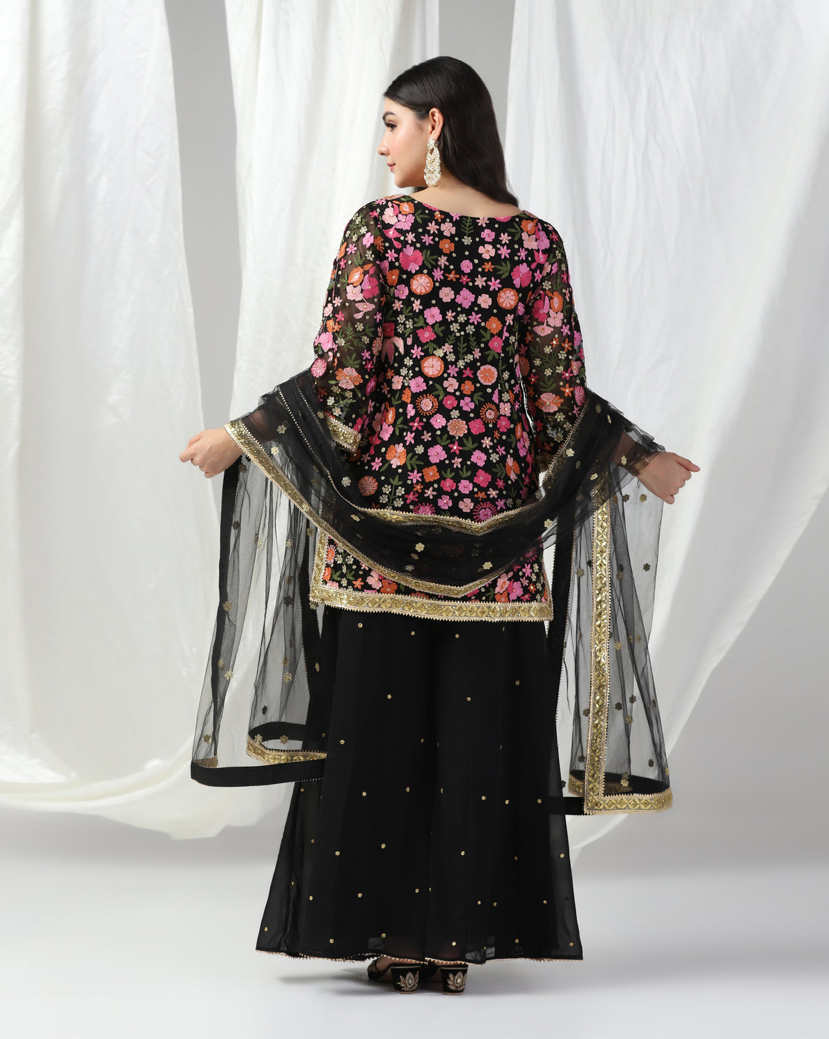 Multi Color Embroidered Kurta With Sharara & Dupatta
