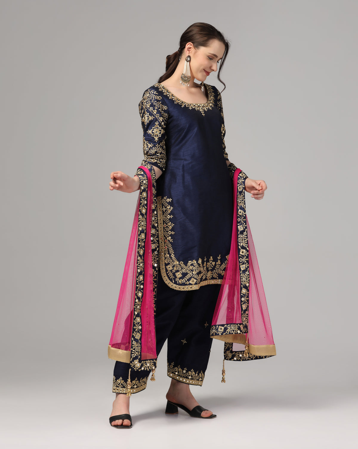 Blue Dupion Silk Suit With Blue Dupatta Zari Thread & Mirror Work.