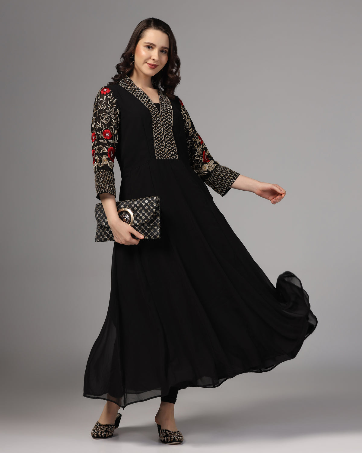 Georgette Black Embroidered Long Kurti