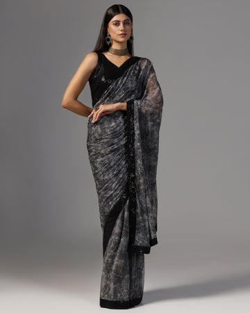 Printed Net Sequin Border Saree