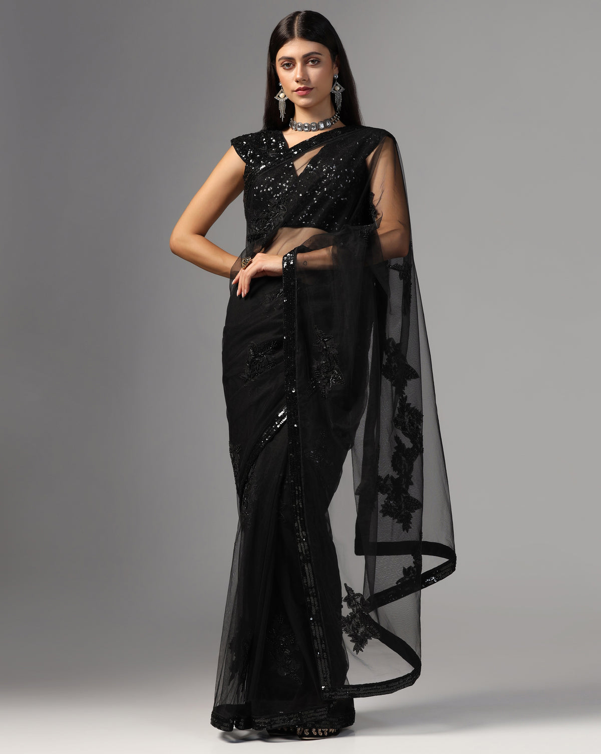 Black Net Hand Embroidered Saree