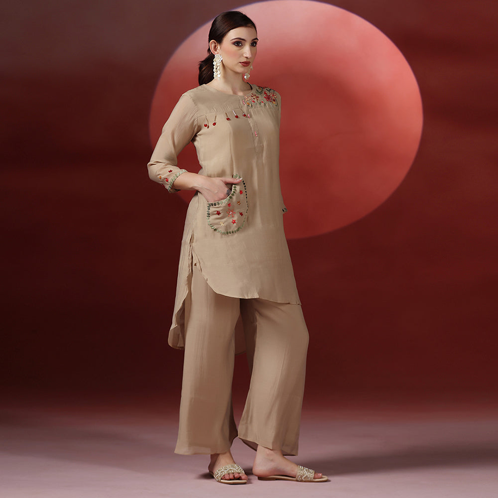 Beige Embroidered Co-ord Set