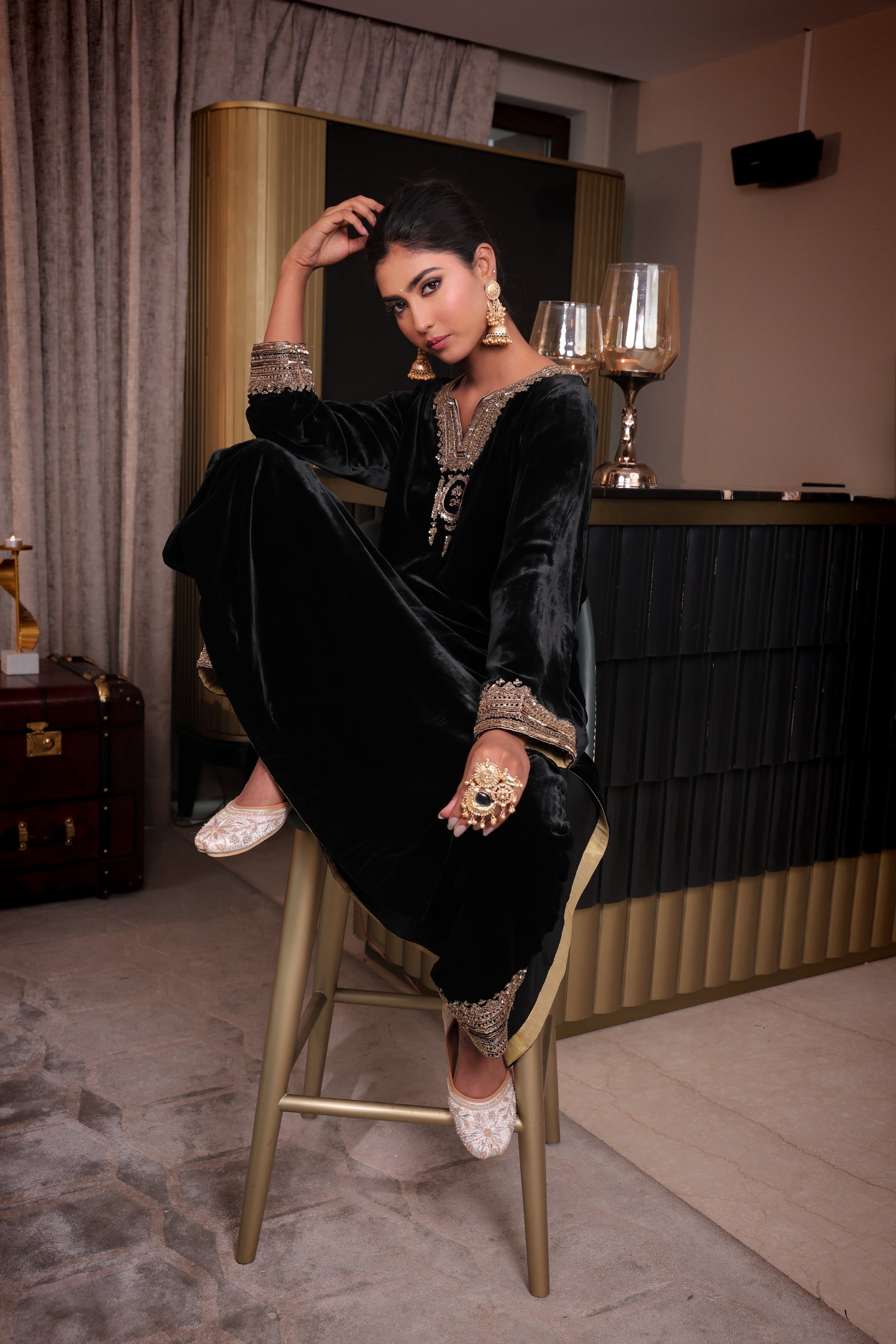 Classic Black Velvet Embroidered Kurta Set