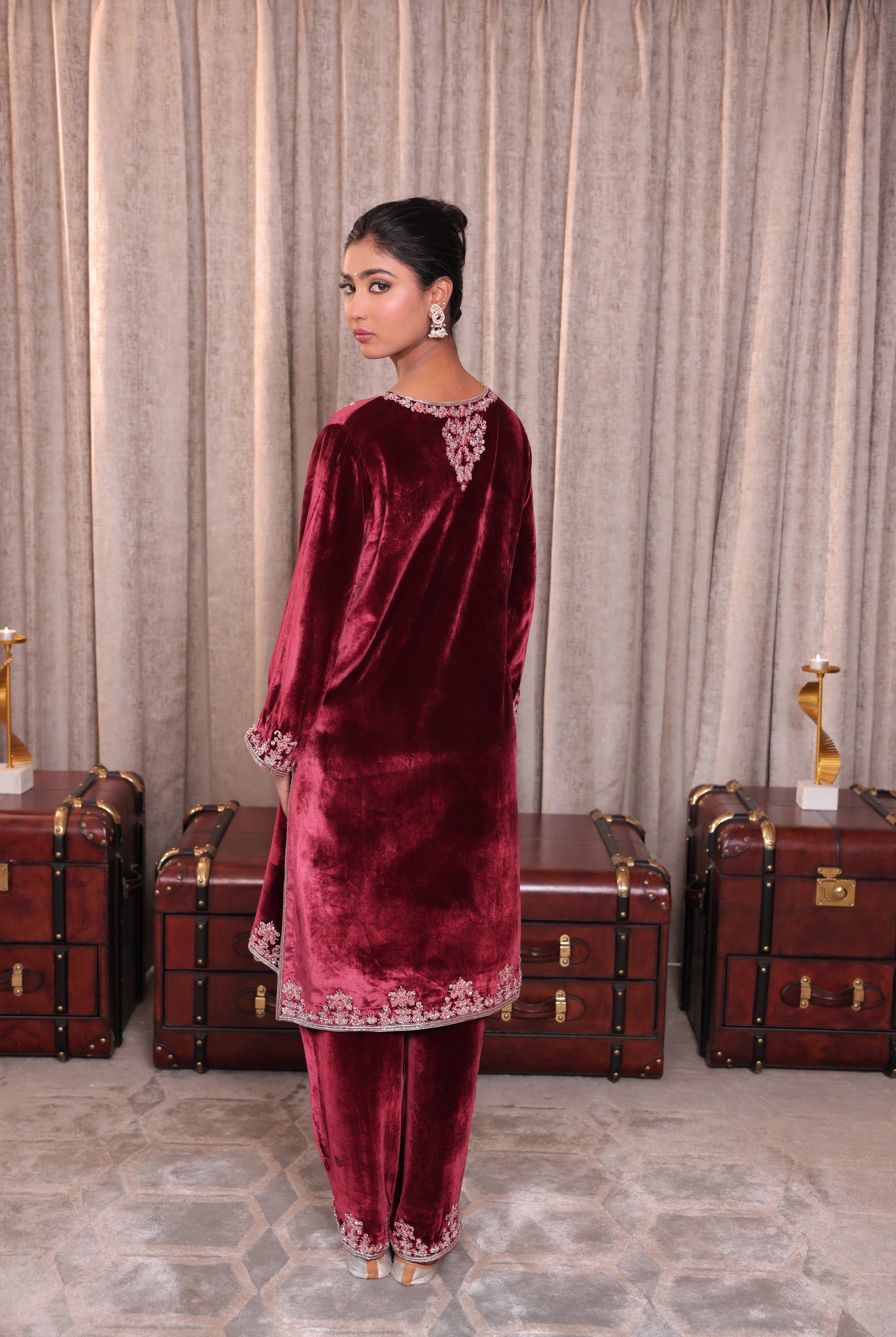 Classic Burgundy Embroidered Velevet Kurta Set
