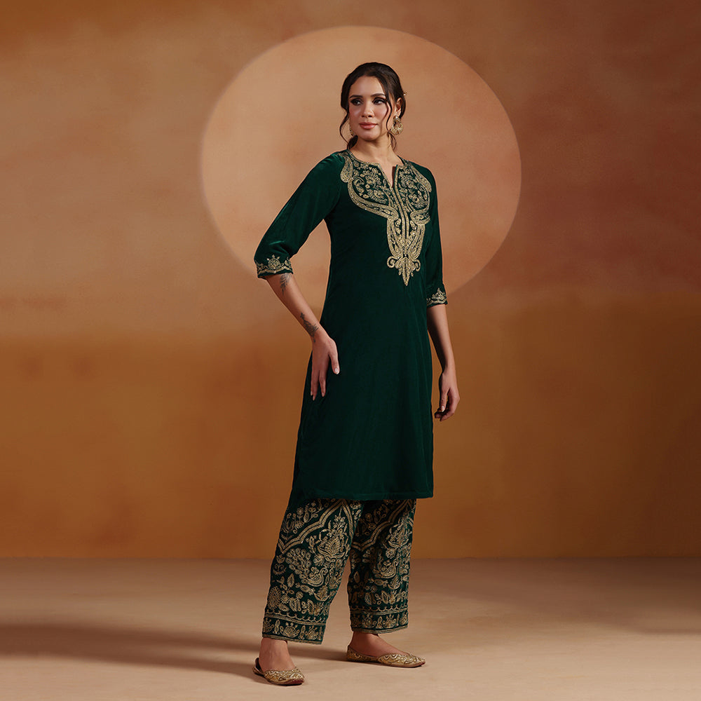 Emerald Green Velvet Aari Embroidered Kurta Set