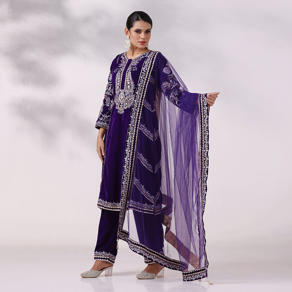 Purple Thread Embroidered Kurta Set