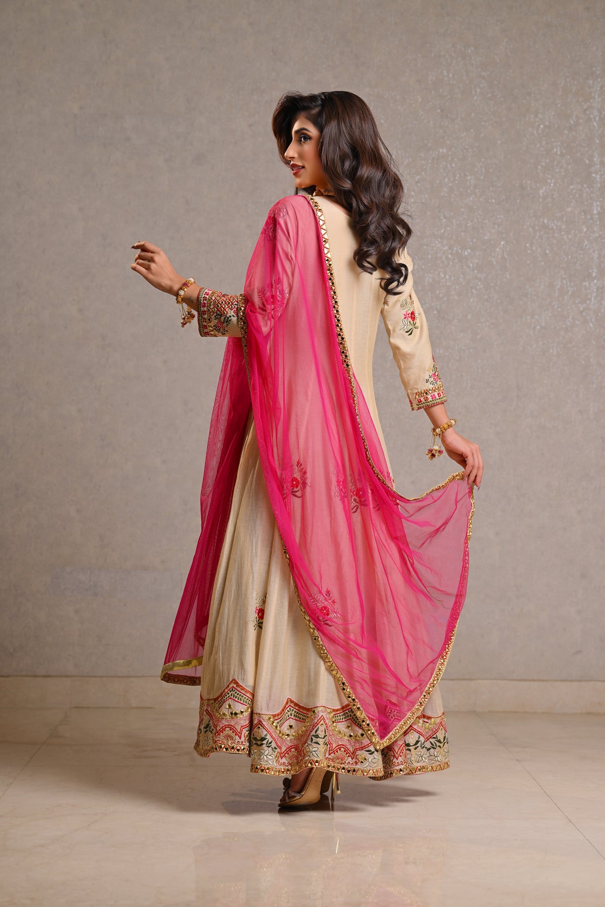 Elegant Ivory Beige Embroidered Anarkali Set