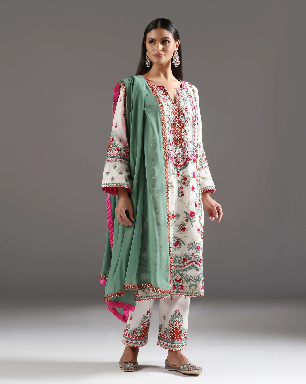 Ivory Glow, Chanderi Suit With Mirror & Thread Work