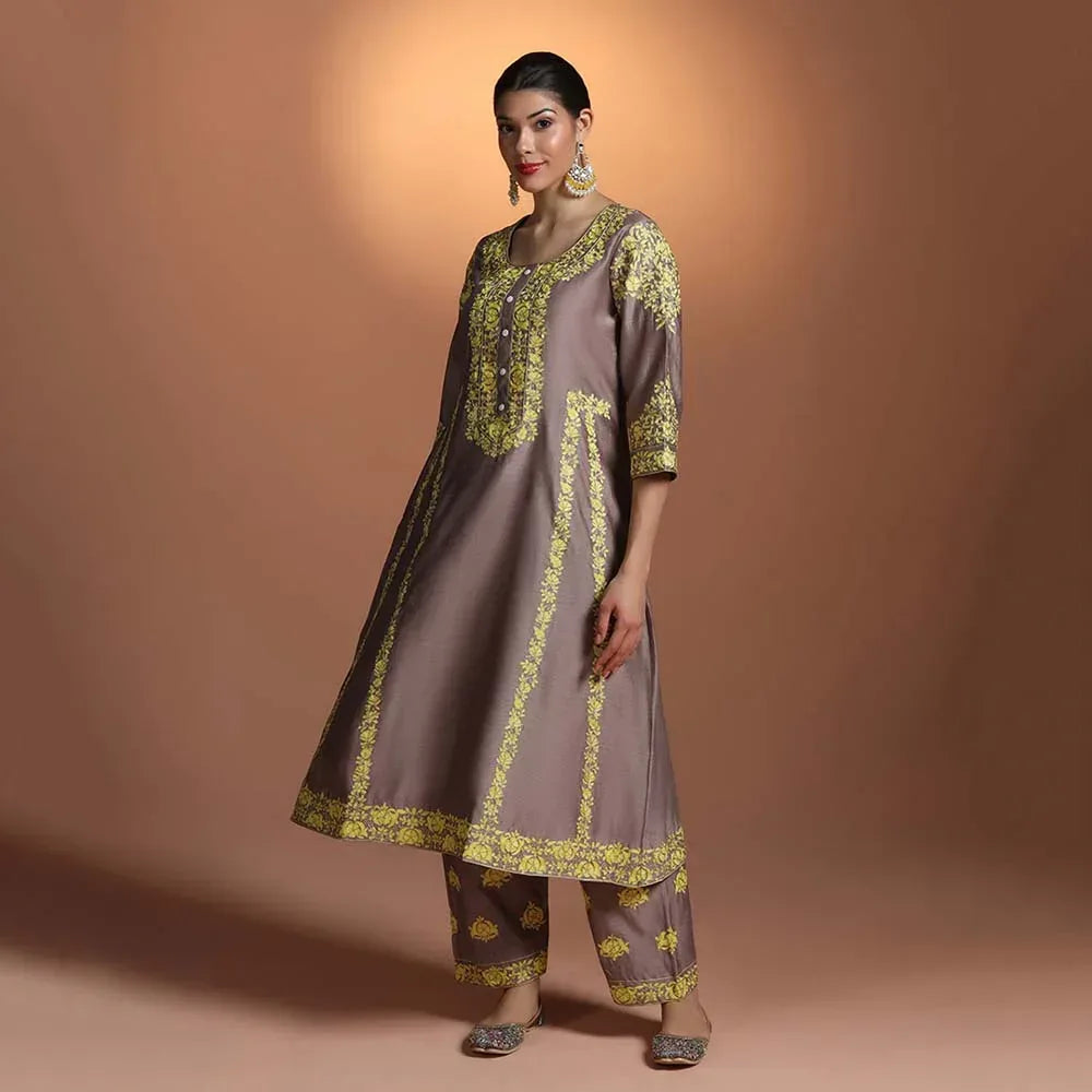 Chanderi Taupe Embroidered Kurti