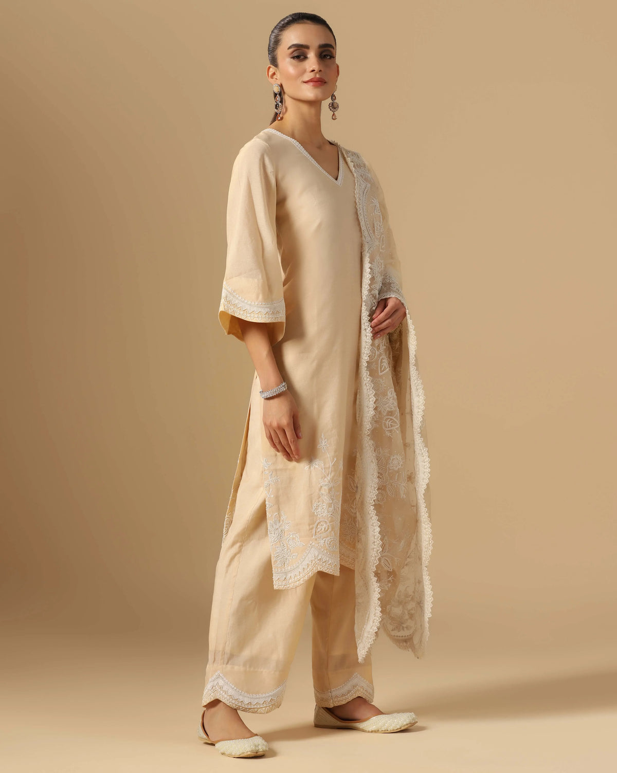 Chanderi Ivory Pearl Organza Dupatta Suit