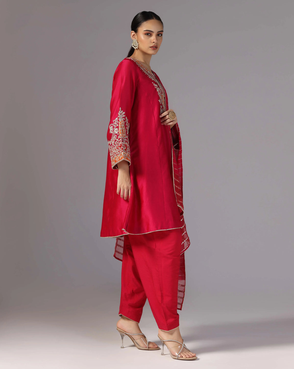 Chanderi Red Dori Embroidery Kurta Set