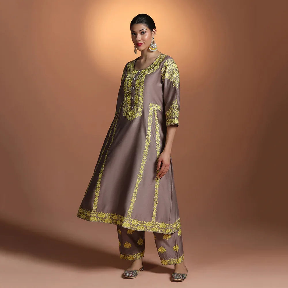 Green Chanderi Embroidered Suit