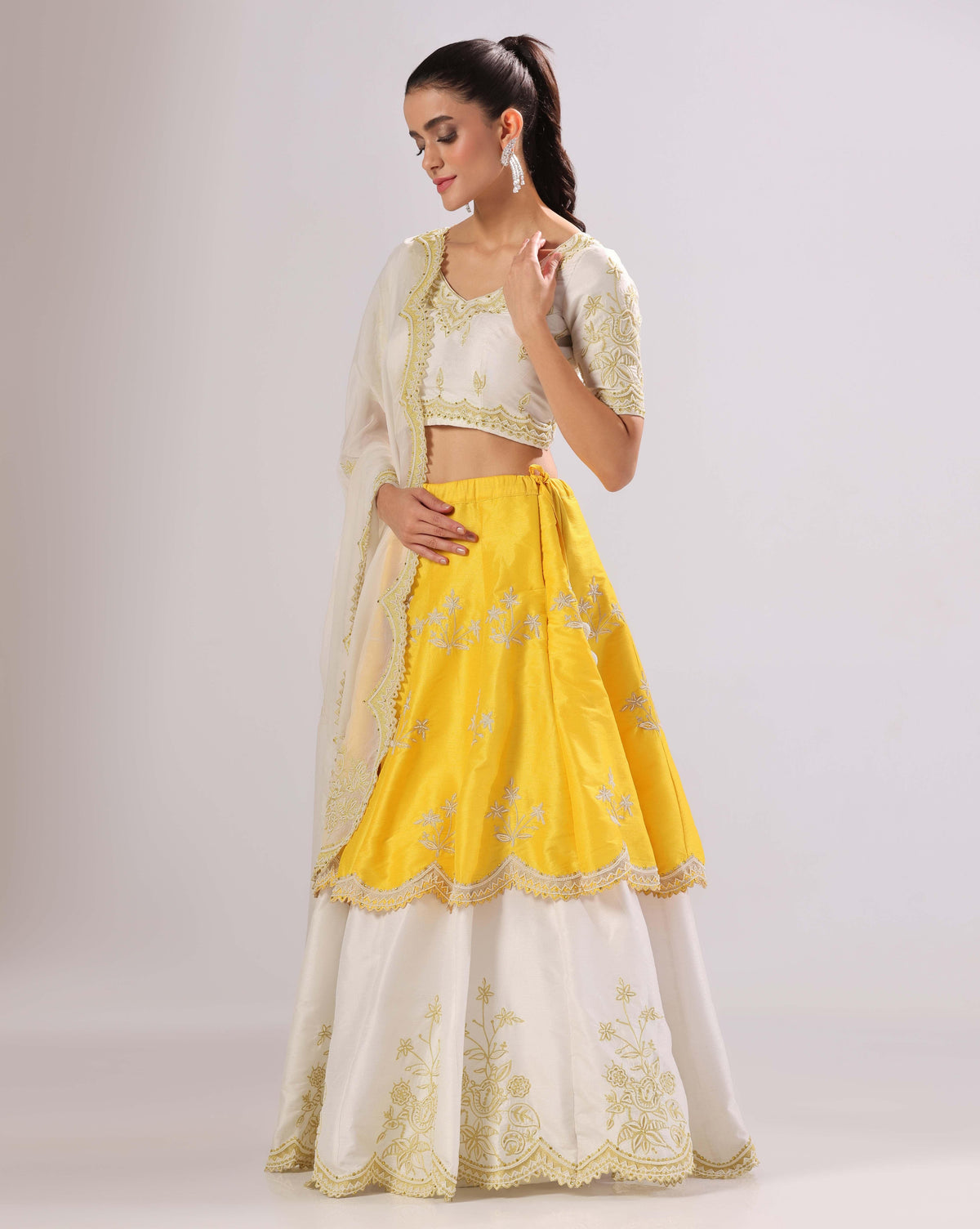 Off-White Yellow Pearl Embroidered Lehenga