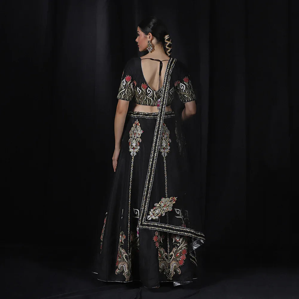 Black Multi Thread Embroidered Lehenga