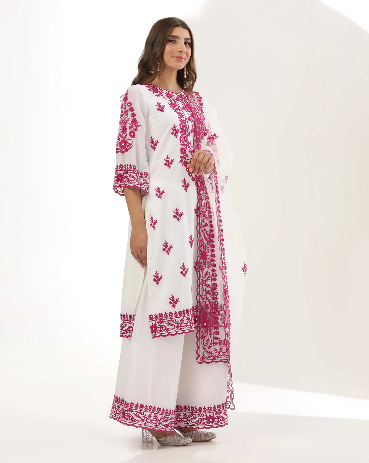 Vibrant Fuchsia Mirror Kurta Palazzo Set With Aari Detailing