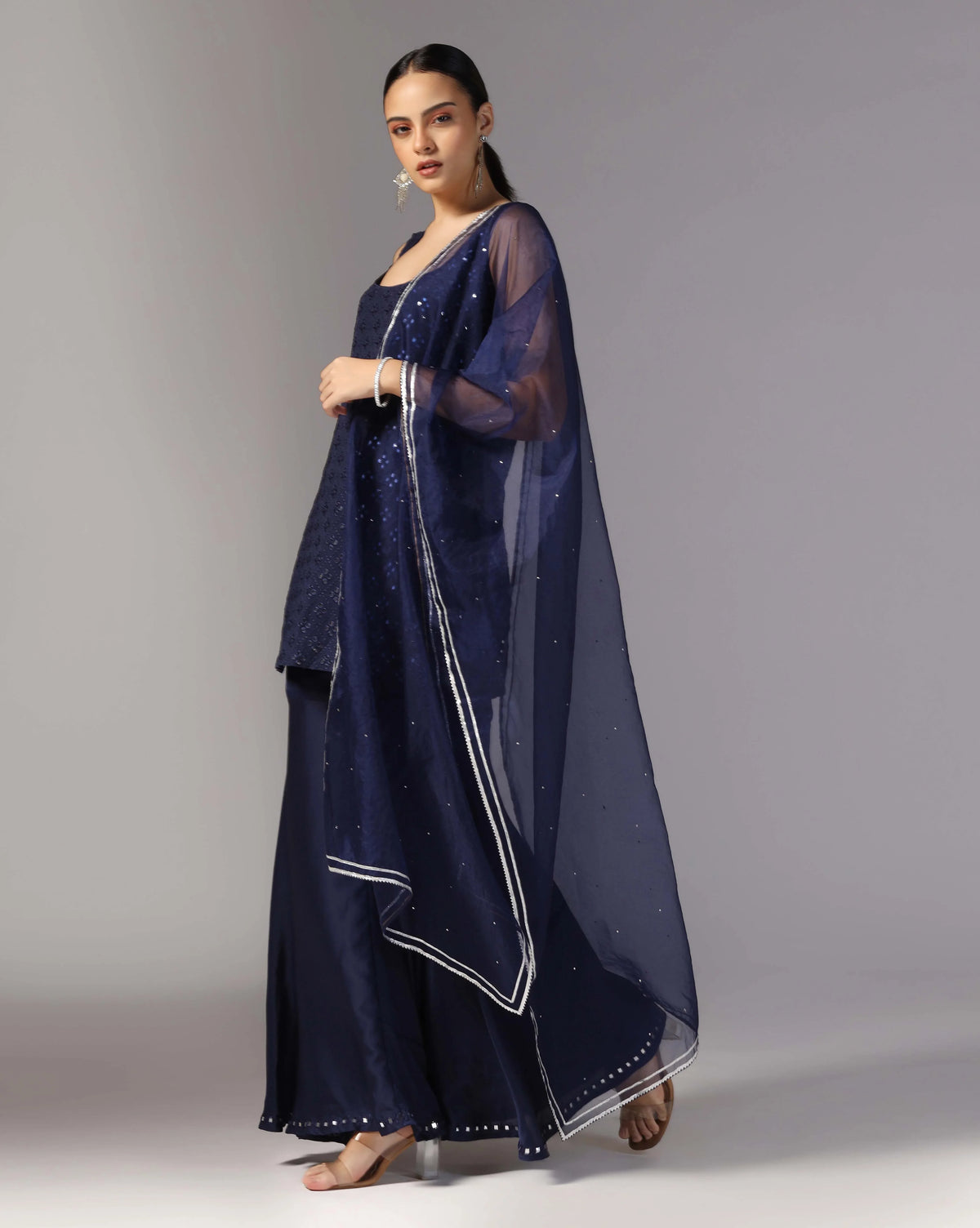 Cosmic Blue Mirror Kurti With Chiffon Sharara