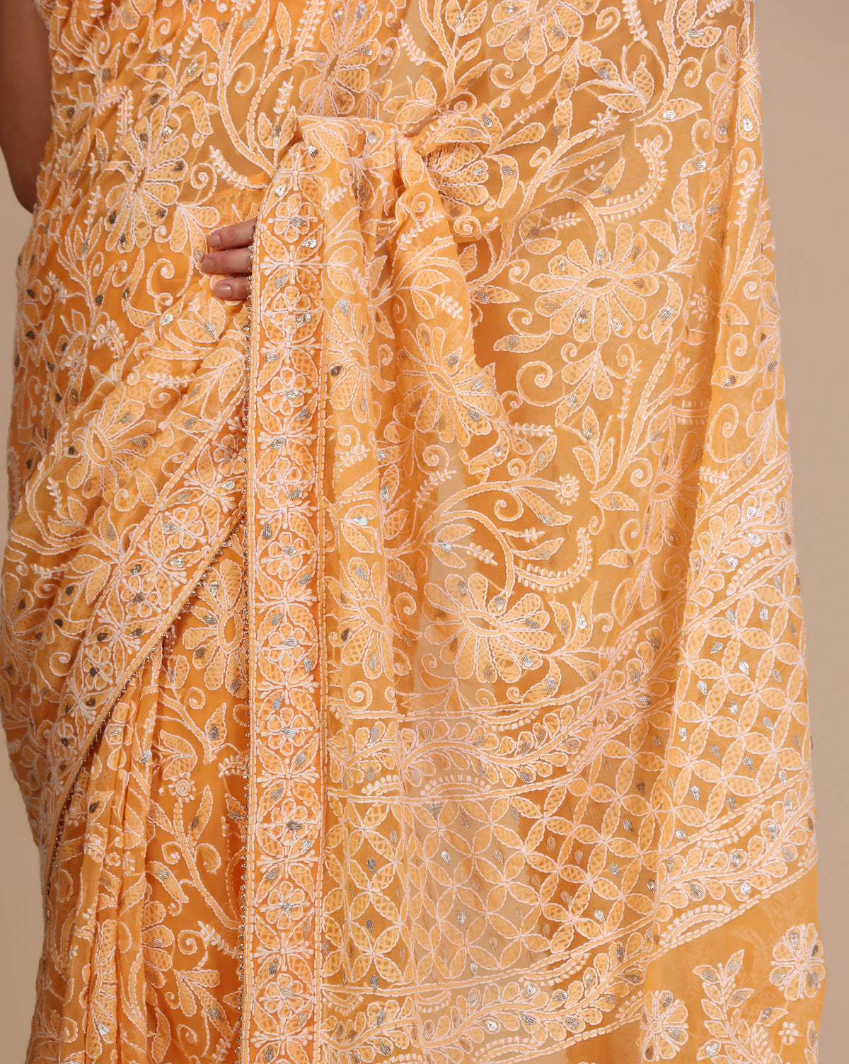 Orange Chikankari Saree With Unstitched Blouse