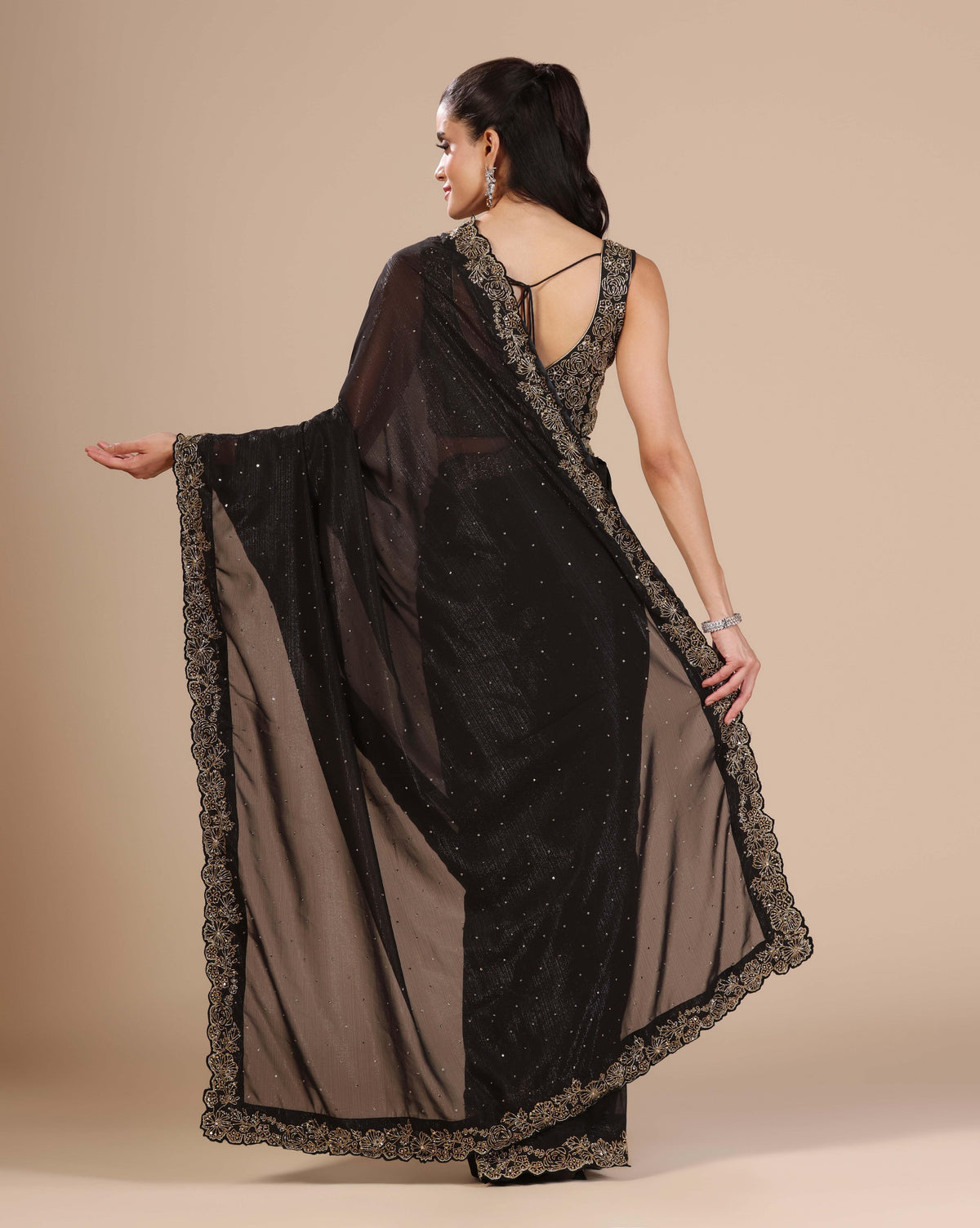 Black Cut Dana Chiffon Saree With Unstitched Blouse