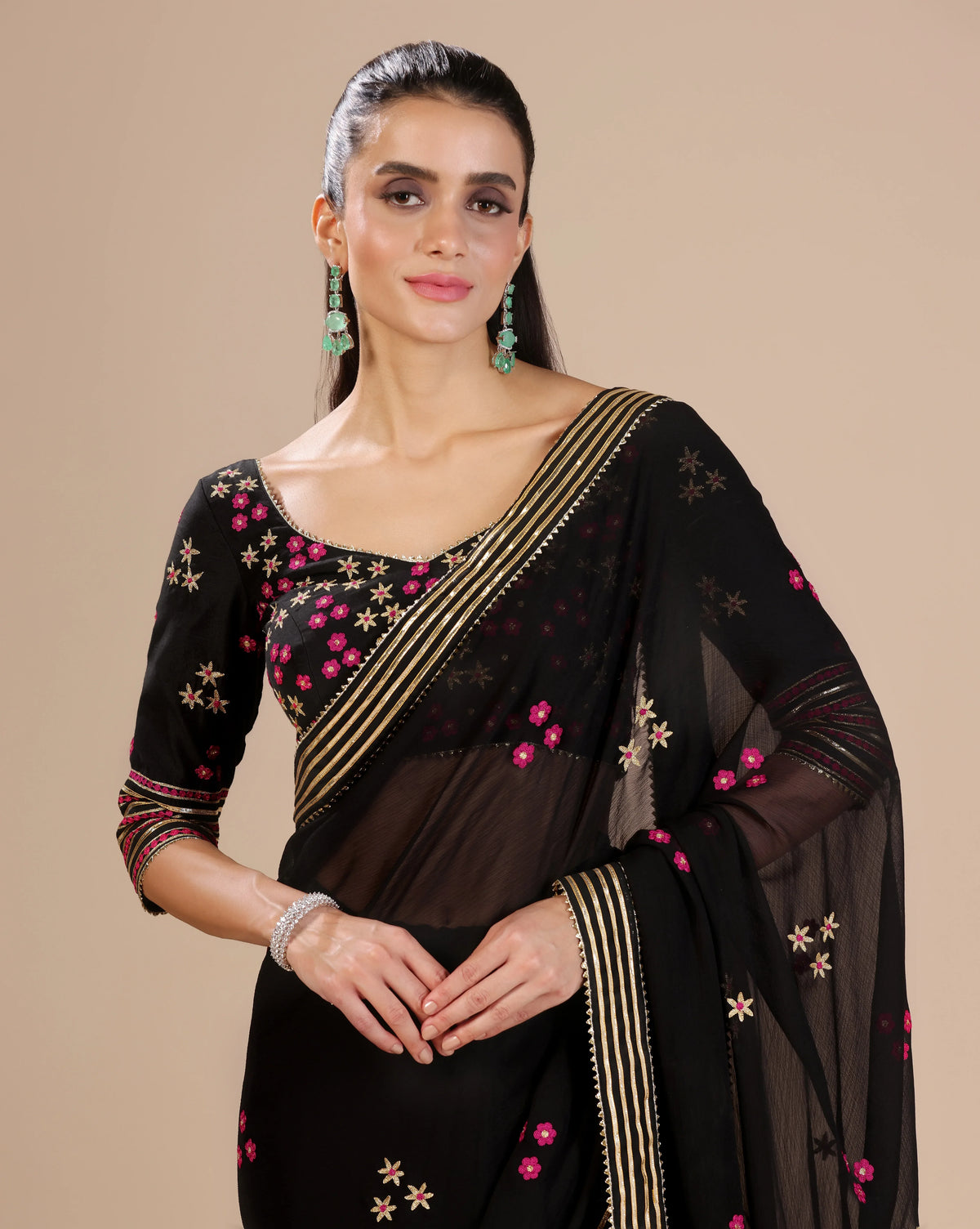 Black Gotta Chiffon Saree With Unstitched Blouse