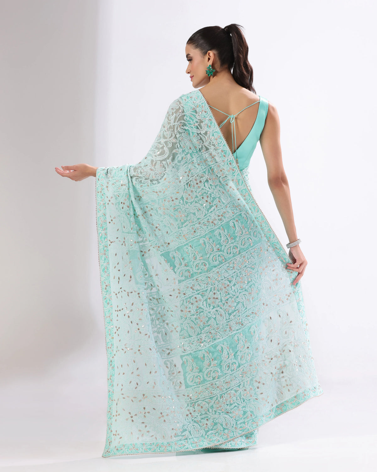 Sea Blue Chikankari Saree With Unstitched Blouse