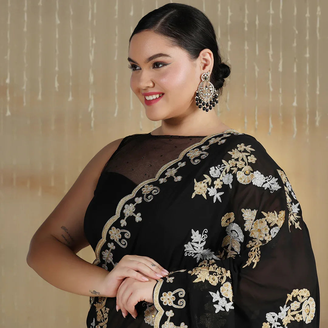 Black Cut Dana Chiffon Saree With Stitched Blouse