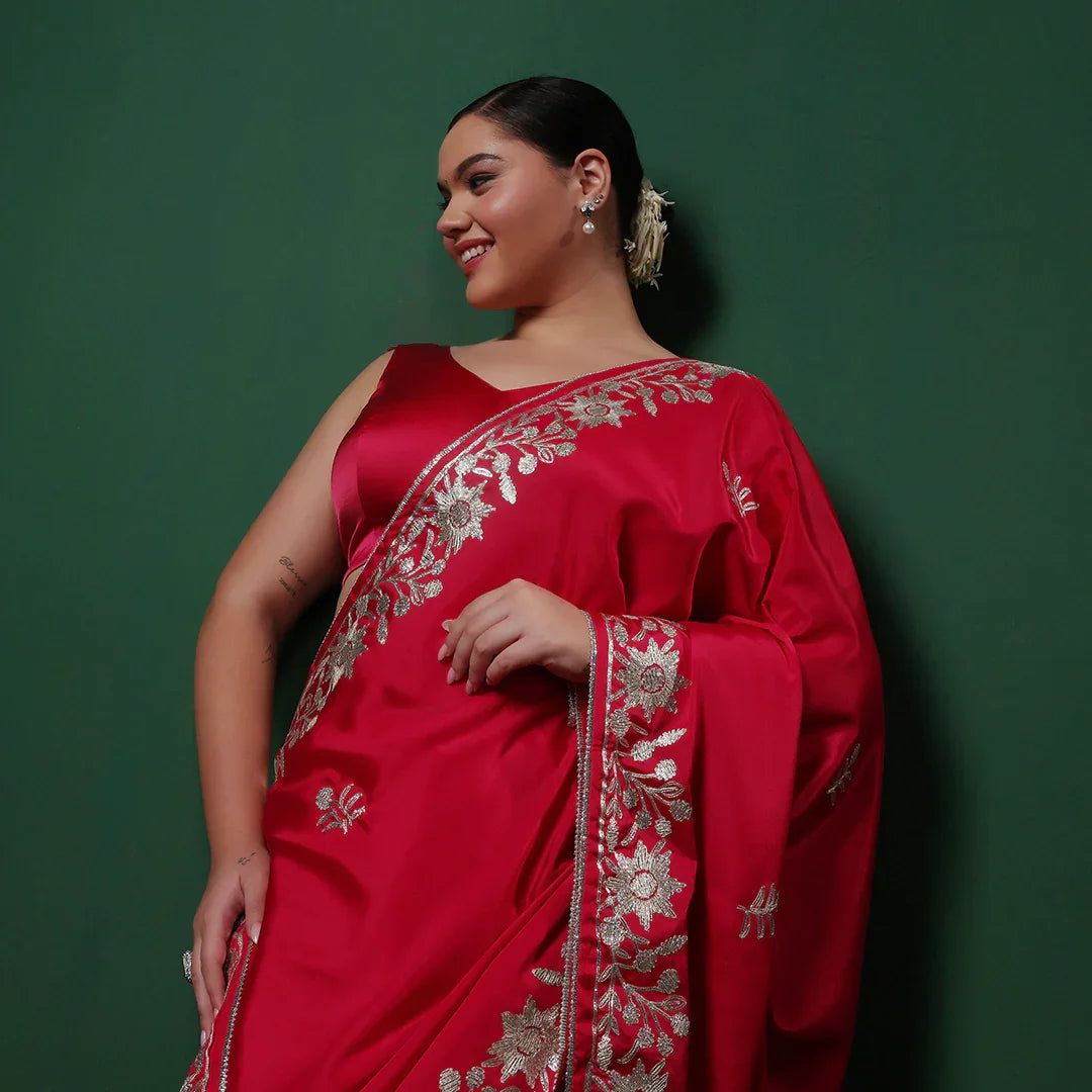 Red Gotta Crepe Saree With Unstitched Blouse