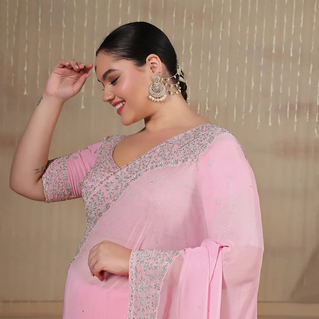 Pink Zari Embroidered Georgette Saree With Blouse
