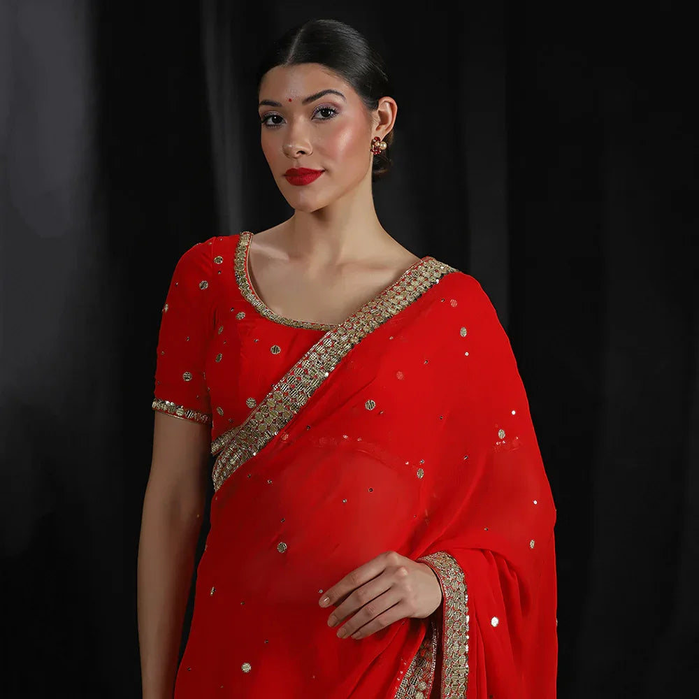 Red Gold Mirror Saree With Unstitched Blouse