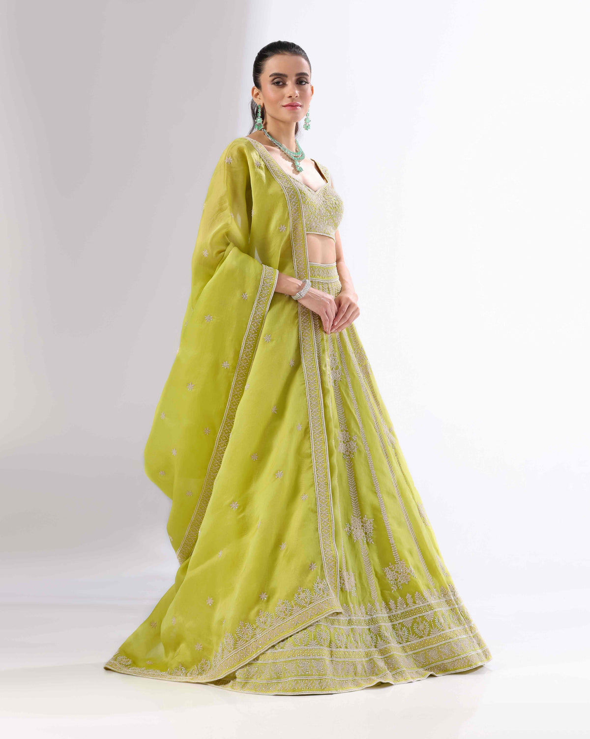 Green Lehenga With Pearl Detailing