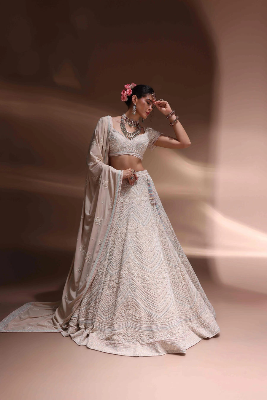 Cream White Lehenga Pearl & Sequin Detailing