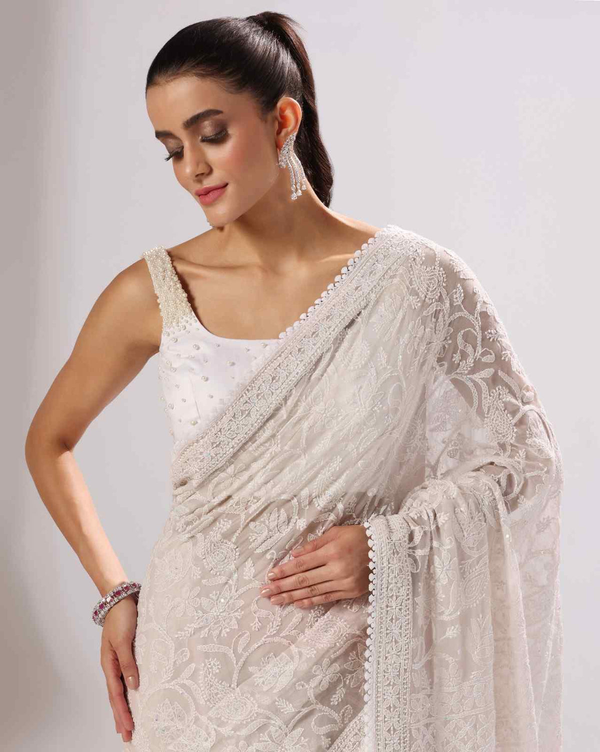 Nude Georgette Chikankari Saree