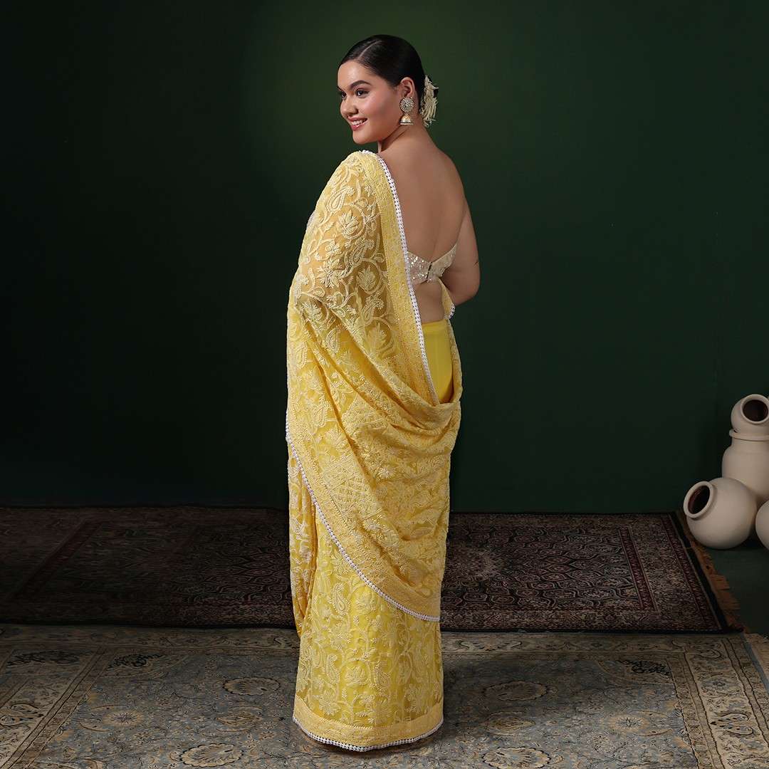 Yellow Georgette Chikankari Saree